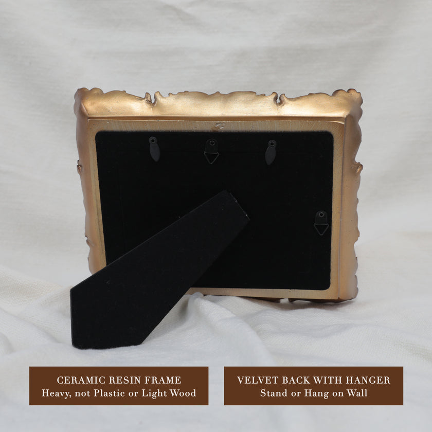 Back of the ceramic resin frame, showing the fold-out stand for tabletop display