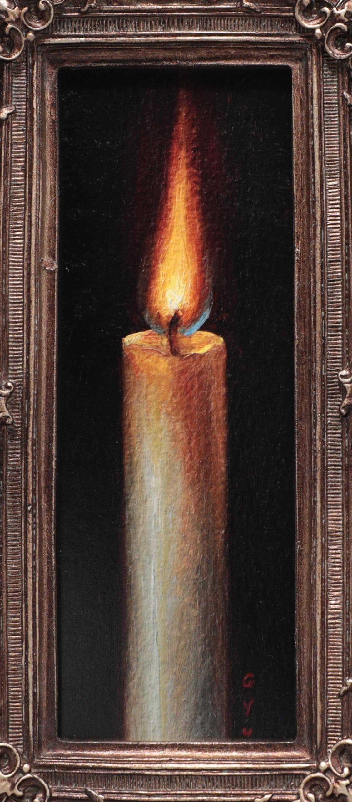 Close-up detail of painted candle flame showing flickering light and wax