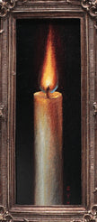 Close-up detail of painted candle flame showing flickering light and wax