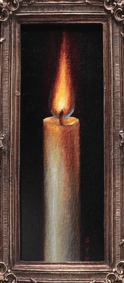 Close-up detail of painted candle flame showing flickering light and wax