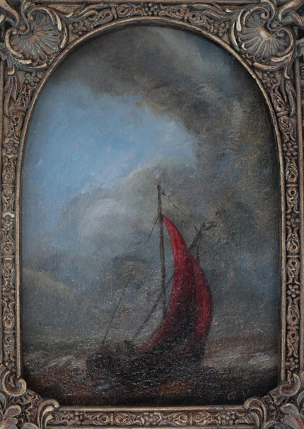 Close up view of the Original seascape painting of a red sailing boat on choppy water beneath a dark cloudy sky in an ornate bronze vintage-style frame