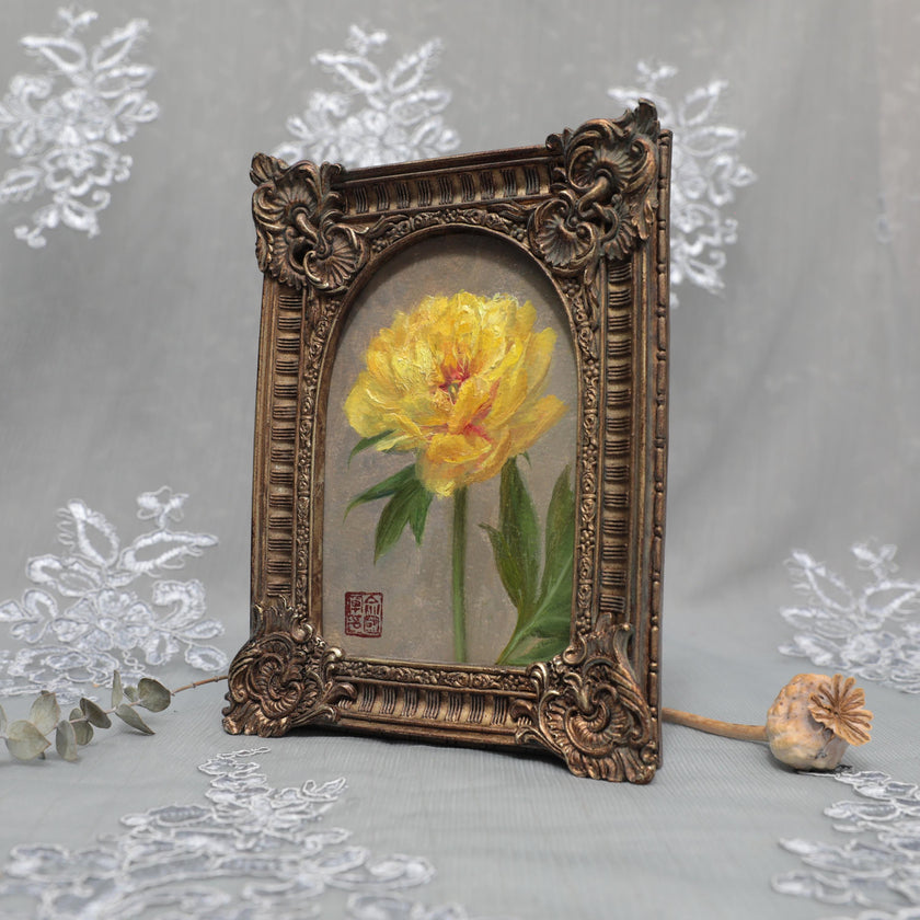 Side angle of arch-top bronze frame with Bartzella peony painting print
