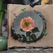 Unframed original pink rose oil painting taped to cardboard on studio easel