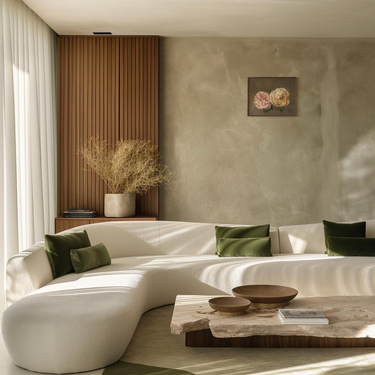 Mockup of the rose painting in a modern minimalist living room, styled with olive green throw pillows, a low wooden coffee table, and a textured beige wall.