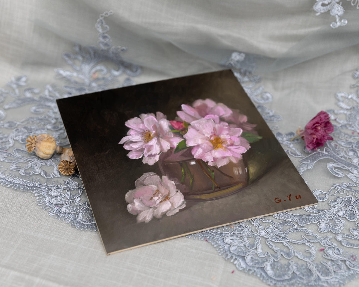 Side view of the pink rose oil painting. 