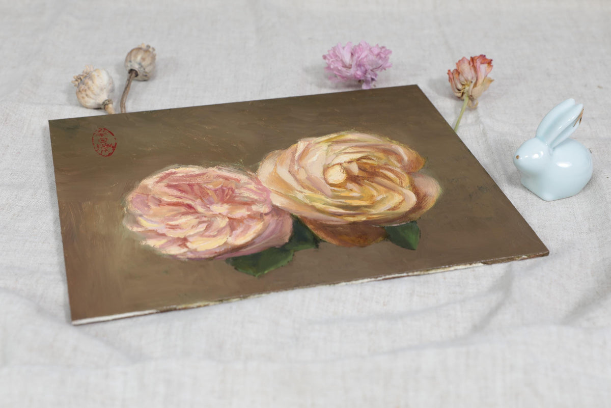 Original rose oil painting side view, with dried flowers for scale. 