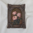 Original pink rose oil painting in arch gilt frame on cream linen