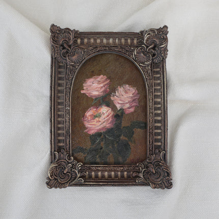 Original pink rose oil painting in arch gilt frame on cream linen