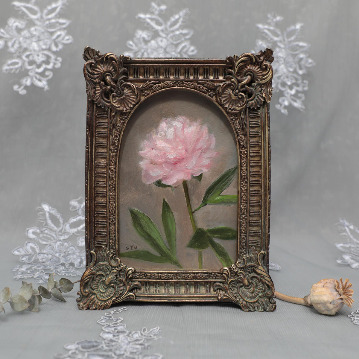 Sarah Bernhardt peony oil painting print, pale pink in arch frame
