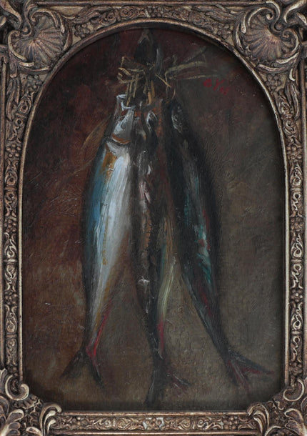 Close-up of three silvery-blue fish tied with string, painted in textured oil brushstrokes on a dark brown background