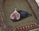 Close-up of a halved purple fig with a pink seeded center painted in textured oil brushstrokes