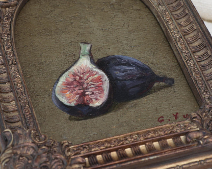 Close-up of a halved purple fig with a pink seeded center painted in textured oil brushstrokes