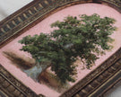 Angled close-up of a pink and green tree oil painting showing the canopy brushwork