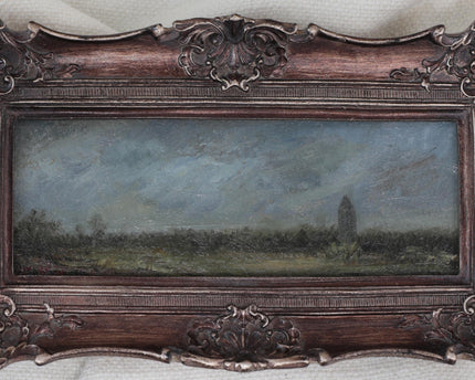 Close-up of a stormy blue-gray sky and countryside fields painted in textured oil brushstrokes