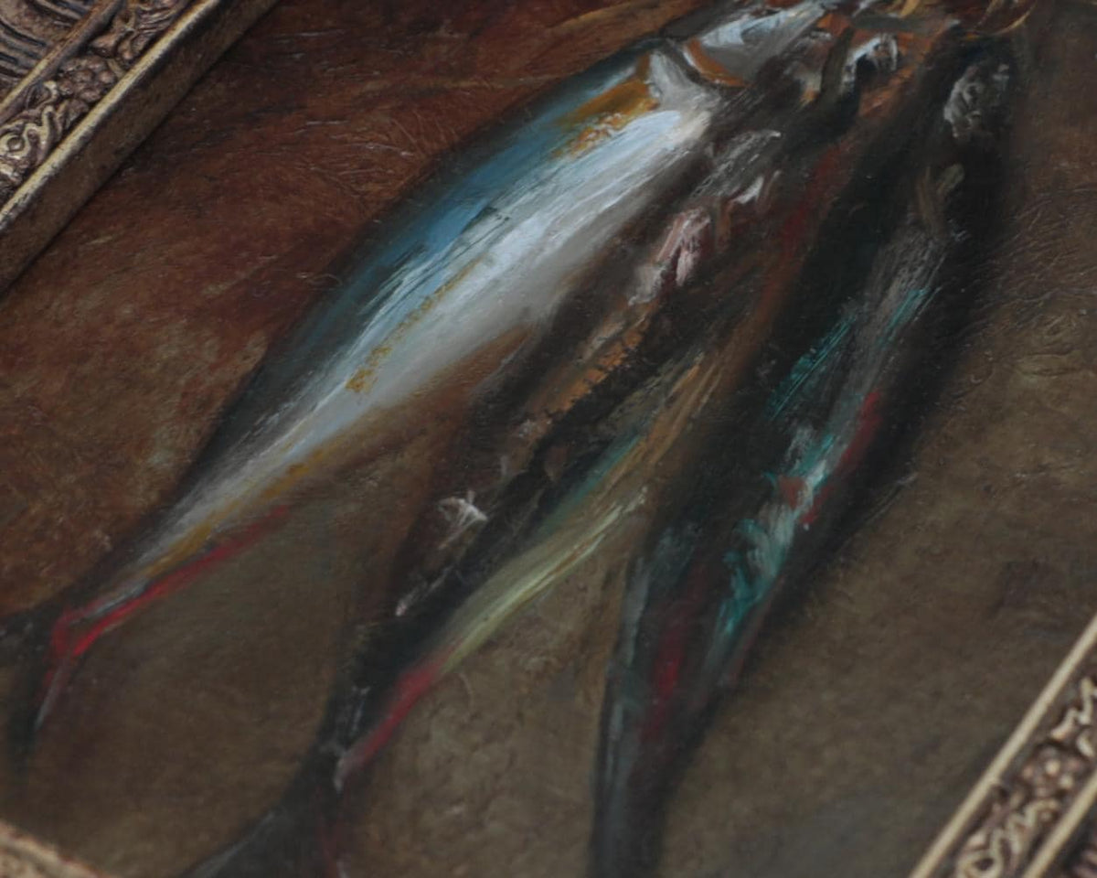 Detail of textured brushwork showing silvery-blue fish scales with blue, green, and red highlights