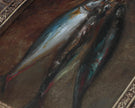 Detail of textured brushwork showing silvery-blue fish scales with blue, green, and red highlights