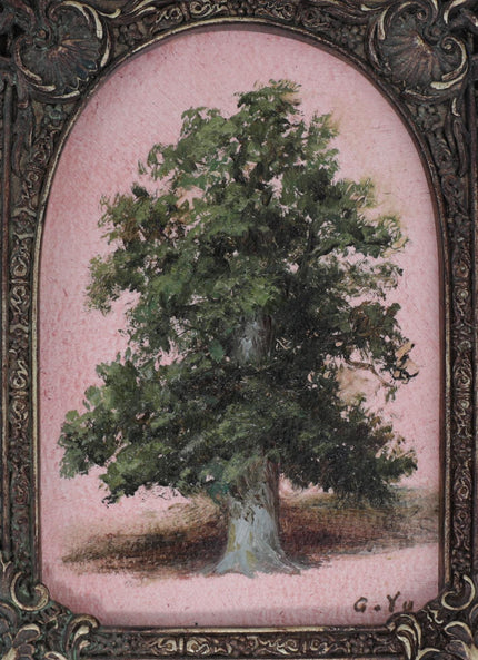 Close-up of a leafy green tree painted in textured oil brushstrokes on a blush-pink background